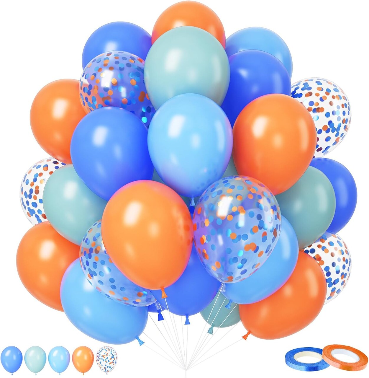 50-Piece Orange & Blue Balloon Set – 12-Inch Retro Balloons with Confetti & Ribbons for Birthday, Baby Shower, Graduation & Engagement Party Decorations